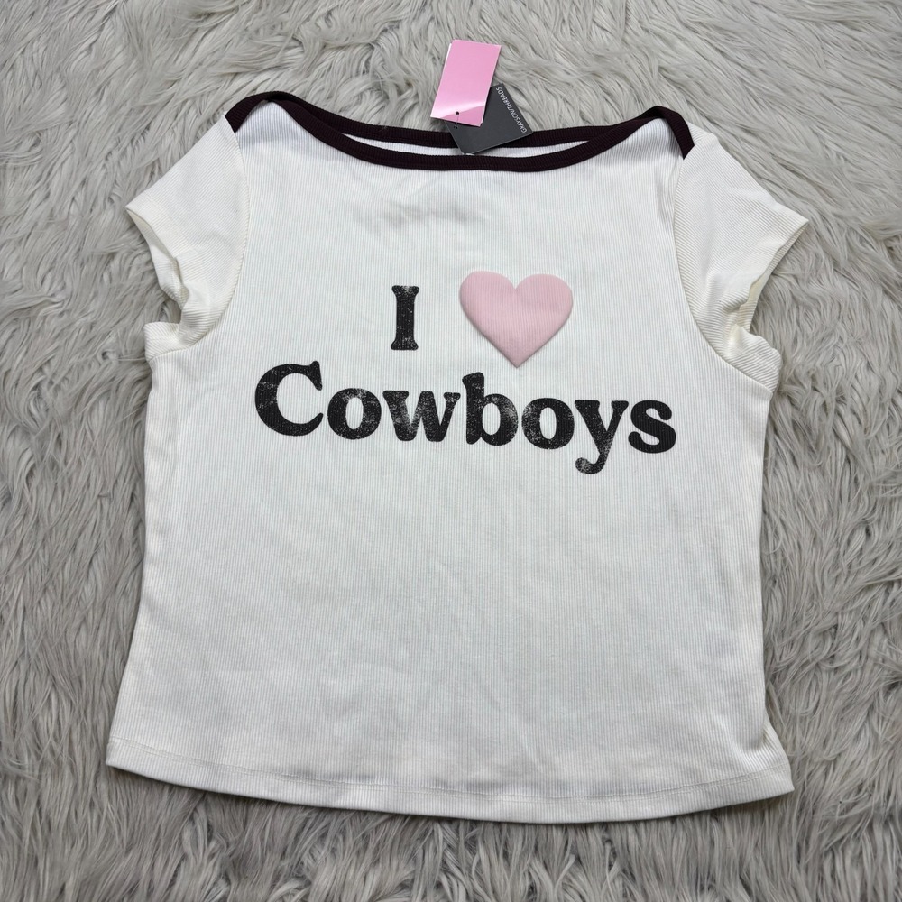 NWT Grayson Threads Medium I Love Cowboys Ribbed Baby Tee Ivory Brown Western